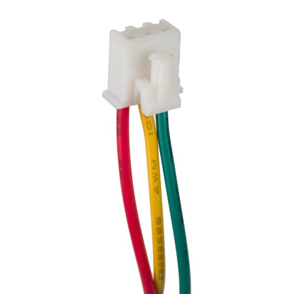 A close-up of white, red, and yellow wires on a yellow and black object.