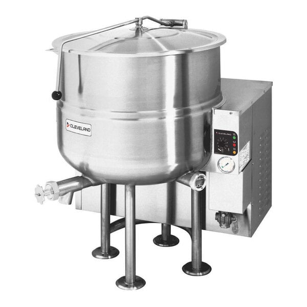 A large stainless steel natural gas steam jacketed kettle with a 100-gallon capacity, designed for commercial cooking applications.