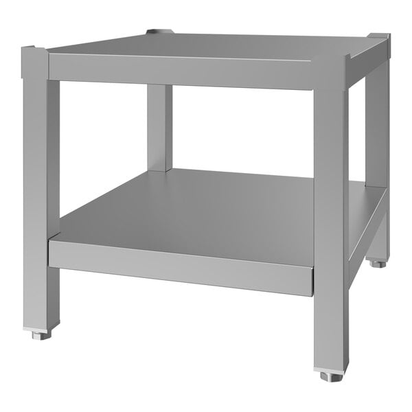 A stainless steel equipment stand with a lower shelf and sturdy legs.