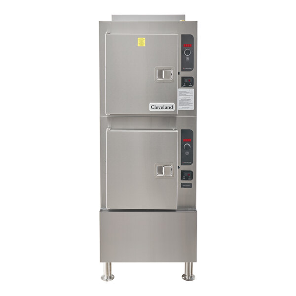 A commercial stainless steel floor steamer with two compartments and digital controls.