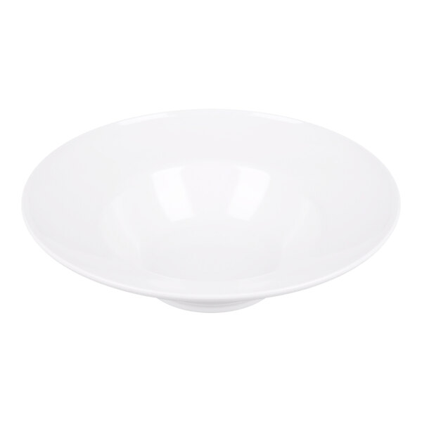 A white, round, shallow serving bowl with a wide rim and a slightly raised base.