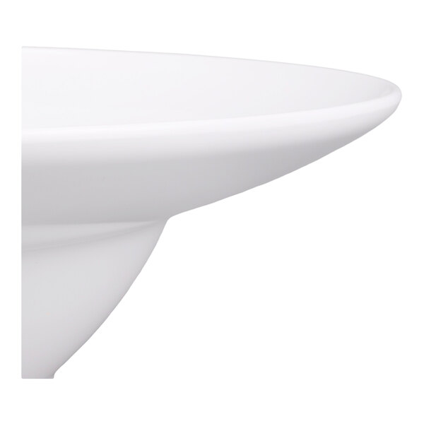 A close-up view of a smooth, white, round bowl with a gently curved edge.