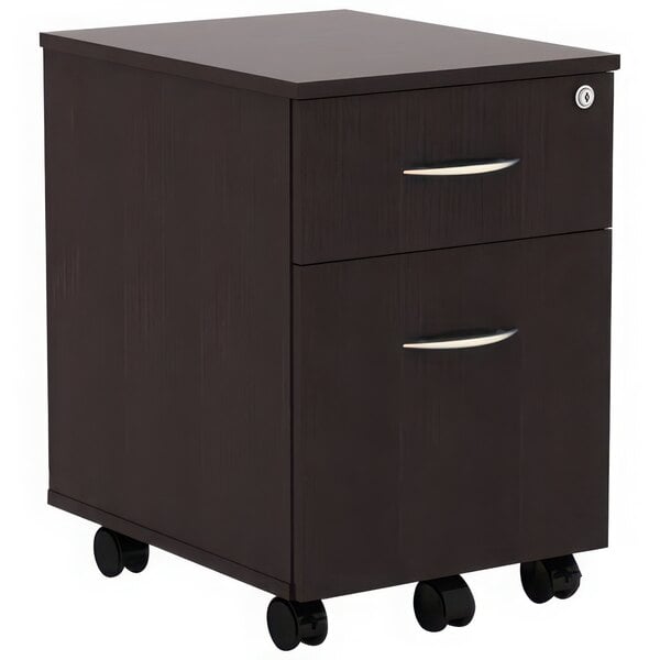 A black Alera Valencia mobile pedestal filing cabinet with wheels.