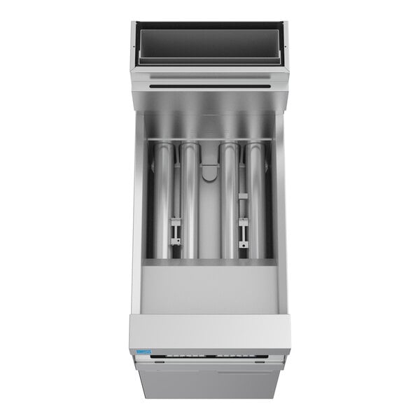 A commercial stainless steel floor fryer with exposed heating tubes and a rectangular open top.
