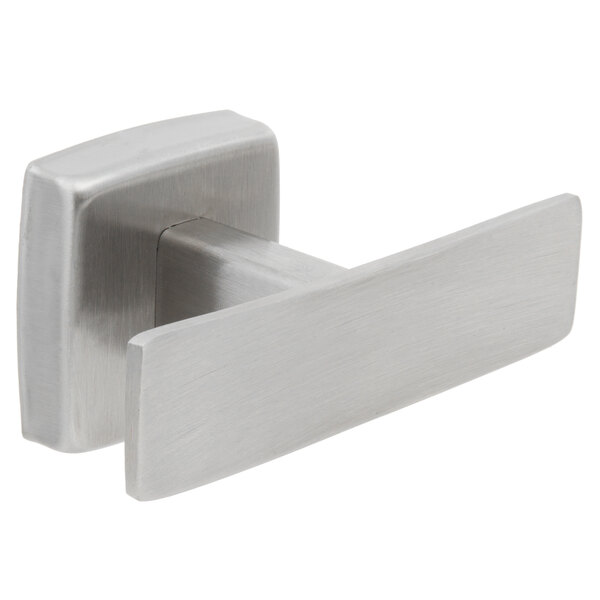 A close-up of a Bobrick stainless steel double robe hook with a satin finish.