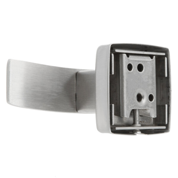 A close-up of a silver metal Bobrick double robe hook with a satin finish.