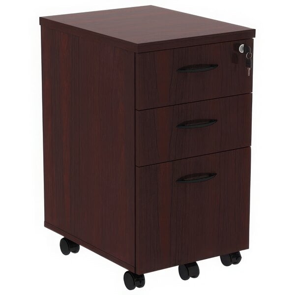 A mahogany Alera mobile pedestal with three drawers and wheels.