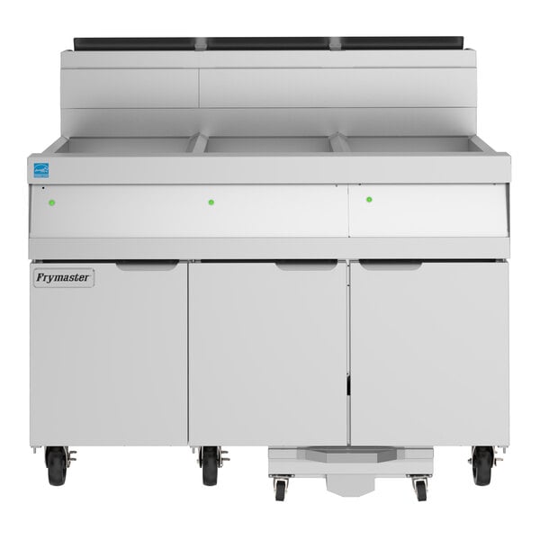 A commercial Frymaster 3-unit liquid propane floor fryer system with Thermatron controls and built-in filtration system.