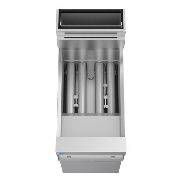 A commercial stainless steel floor fryer with exposed heating tubes and a rectangular open top.