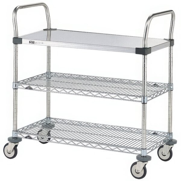 A Metro standard duty metal utility cart with three shelves.