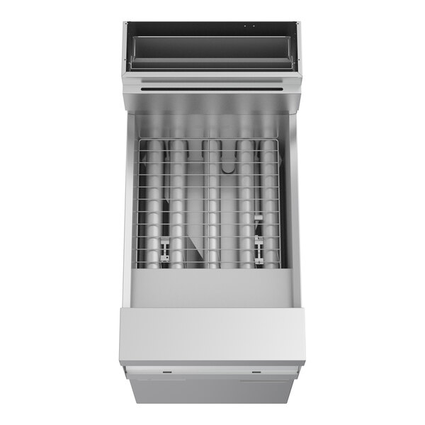 A commercial stainless steel floor fryer with exposed heating elements and a protective grate.