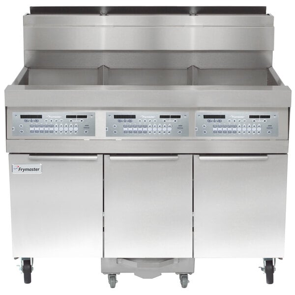 A large stainless steel Frymaster gas fryer with three drawers.