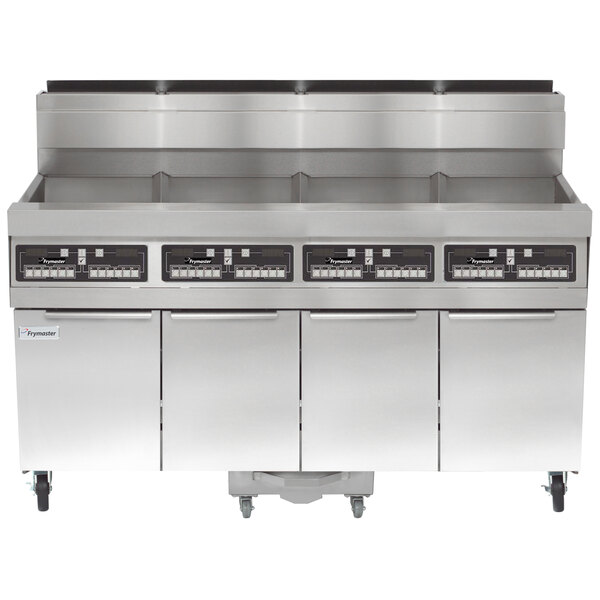 A Frymaster stainless steel floor gas fryer with three drawers.