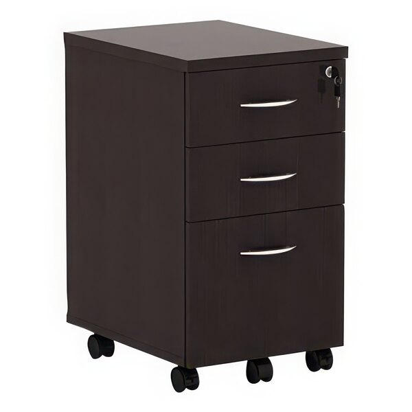 An Alera Valencia espresso three-drawer mobile file cabinet on wheels.