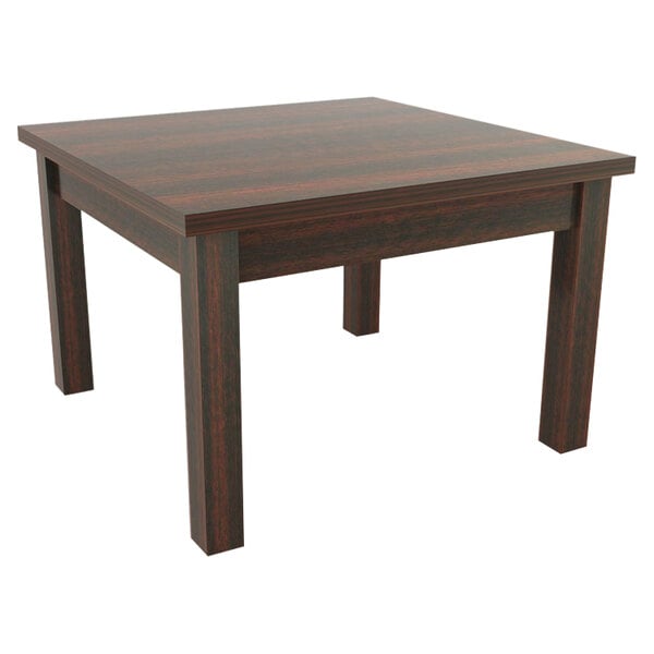 A mahogany square Alera Valencia occasional table with black legs.