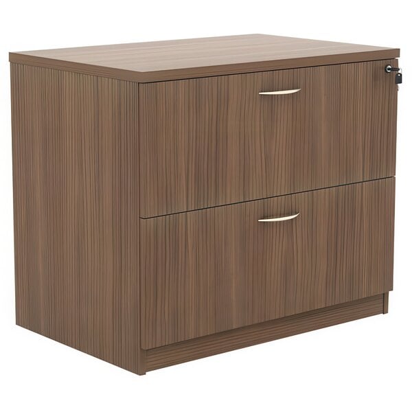 A walnut laminate Alera lateral file cabinet with two drawers.
