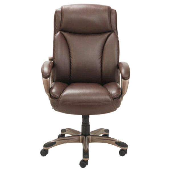 A brown leather Alera Veon Series office chair with wheels.