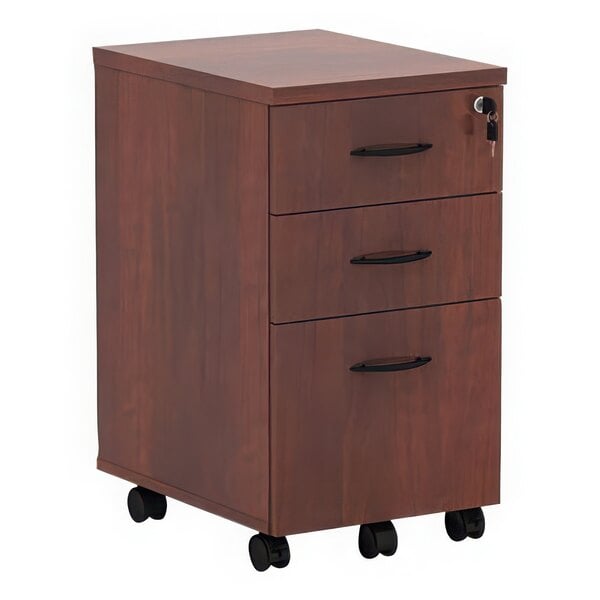 A medium cherry wooden Alera three-drawer mobile file cabinet on wheels.