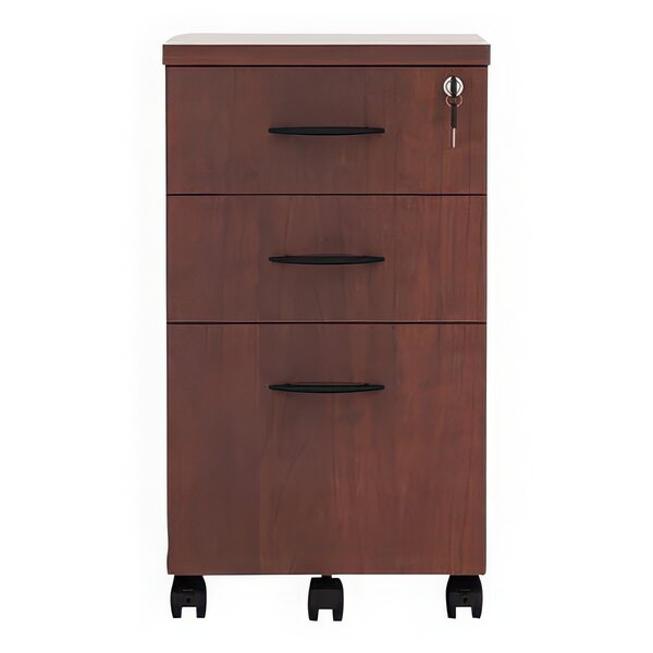 A medium cherry Alera mobile pedestal filing cabinet with three drawers and wheels.