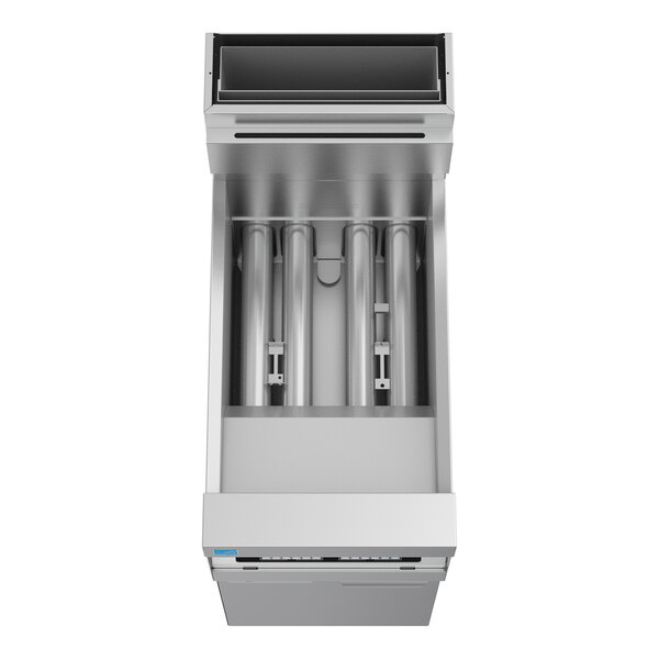 A commercial stainless steel floor fryer with exposed heating tubes and a rectangular open top.