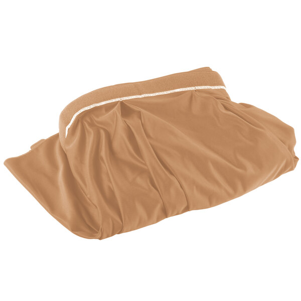 A brown table skirt with a white stripe folded on a white background.