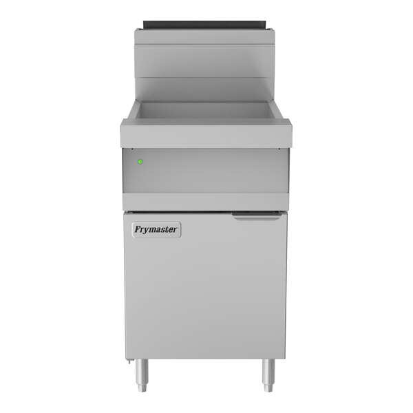 A commercial floor fryer with a stainless steel exterior and built-in filtration system.