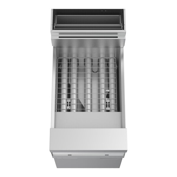 A commercial natural gas floor fryer with high-efficiency burners, Thermatron controls, and an integrated filtration system.