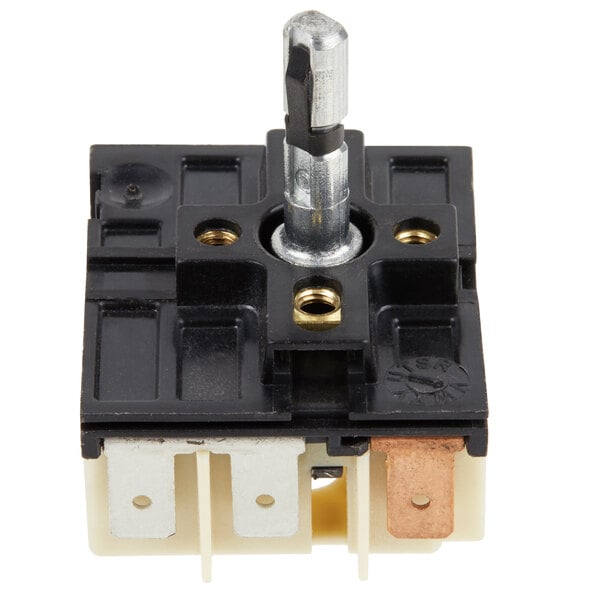 A black and white electrical device with two wires and a metal handle.