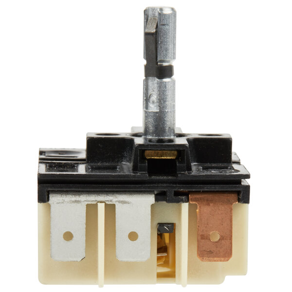 A close-up of a Nemco thermostat switch with two wires.