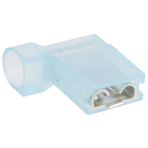 A close-up of a blue connector with two wires on a Nemco thermostat.