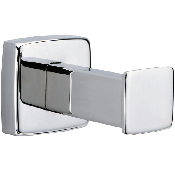 A silver square design towel pin with a bright polished finish.