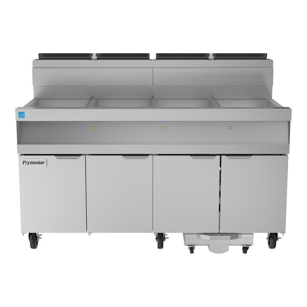 A large commercial Frymaster floor fryer system with four units, multiple compartments, and built-in filtration, designed for high-capacity frying.