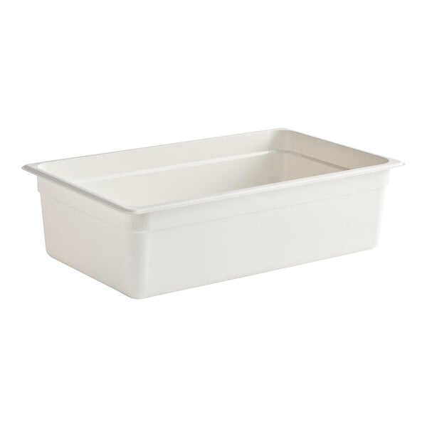 A white plastic Cambro food pan.