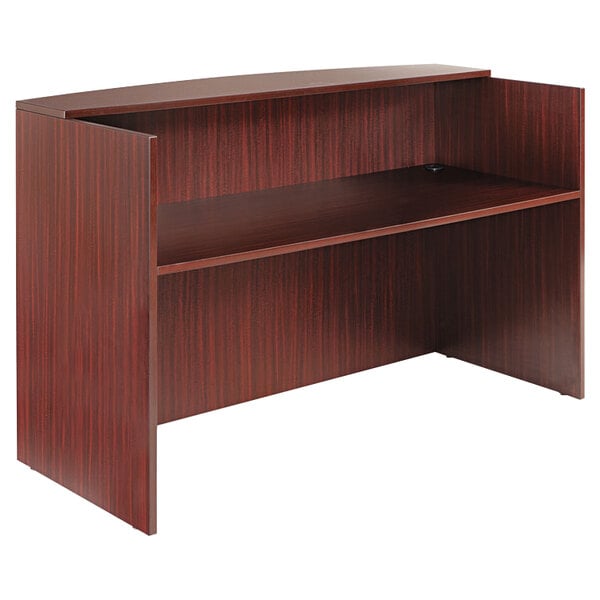 A mahogany reception desk with a counter shelf.