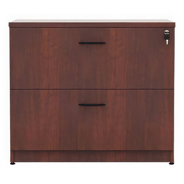 A medium cherry wooden Alera lateral file cabinet with two drawers.