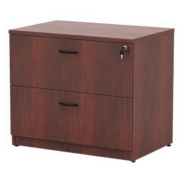 A medium cherry laminate Alera lateral file cabinet with two drawers.