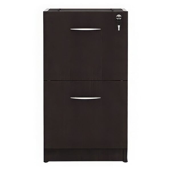 An Alera Valencia espresso black file cabinet with silver handles.