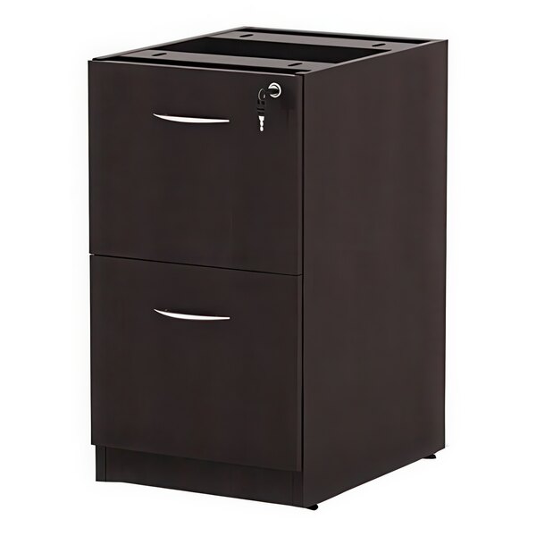 An Alera Valencia espresso full pedestal filing cabinet with two drawers.