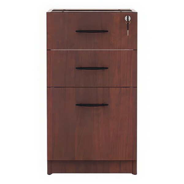 A medium cherry wooden filing cabinet with three drawers.