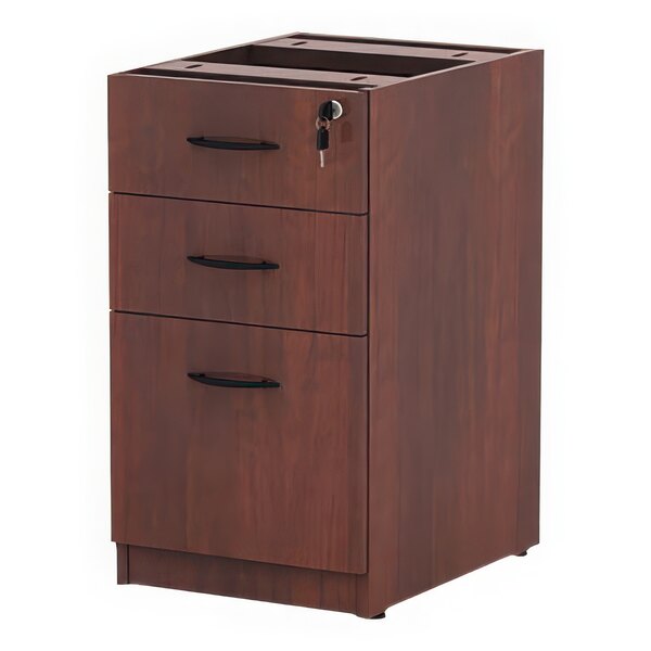 A medium cherry wooden filing cabinet with three drawers.