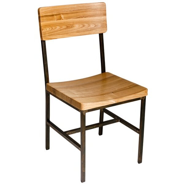 A BFM Seating wooden chair with metal legs and a wooden back.