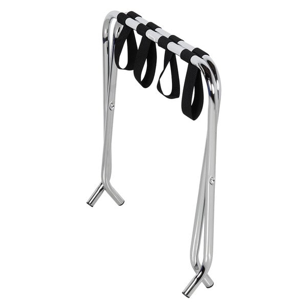 A CSL chrome metal luggage rack with black straps.