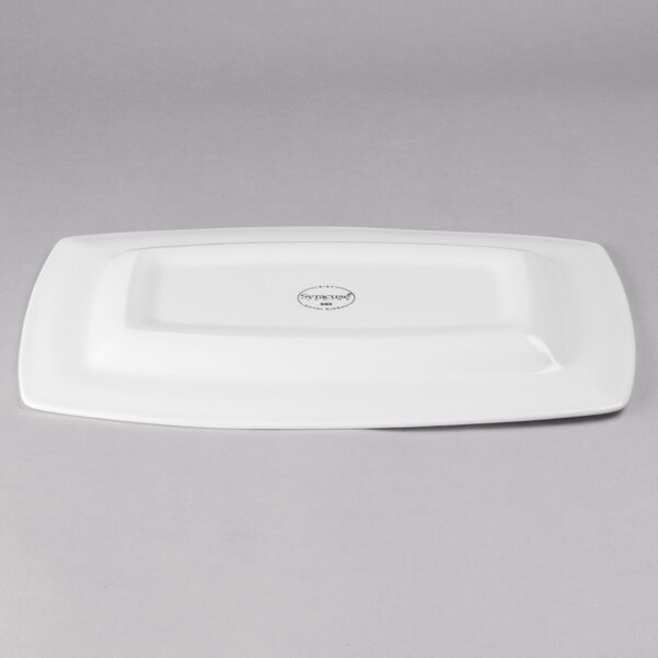 A white rectangular Libbey porcelain plate with a logo.