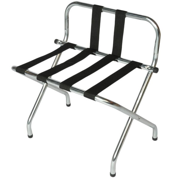 A CSL zinc metal luggage rack with black straps.