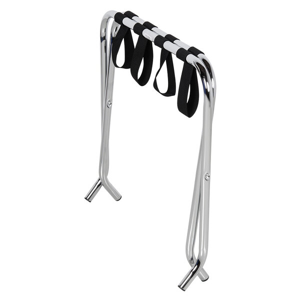 A CSL chrome metal luggage rack with black straps.