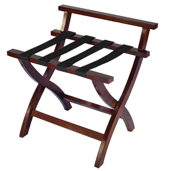 A CSL mahogany wood folding luggage rack with black straps.