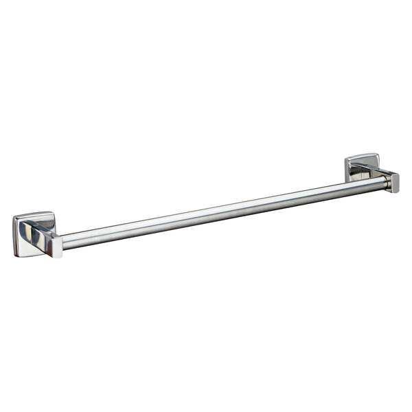 A Bobrick bright polished metal round towel bar.