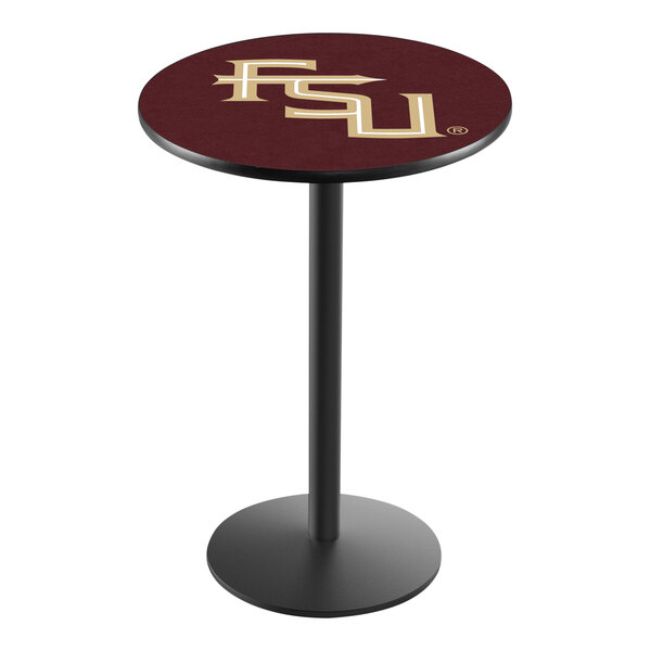 A round counter height pub table with a maroon top featuring the Florida State University logo and a black pedestal base.