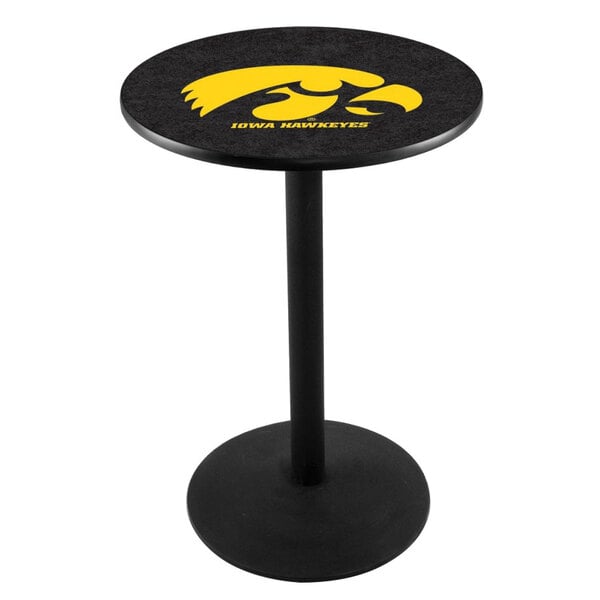 A Holland Bar Stool University of Iowa pub table with a black and yellow logo on the table top.