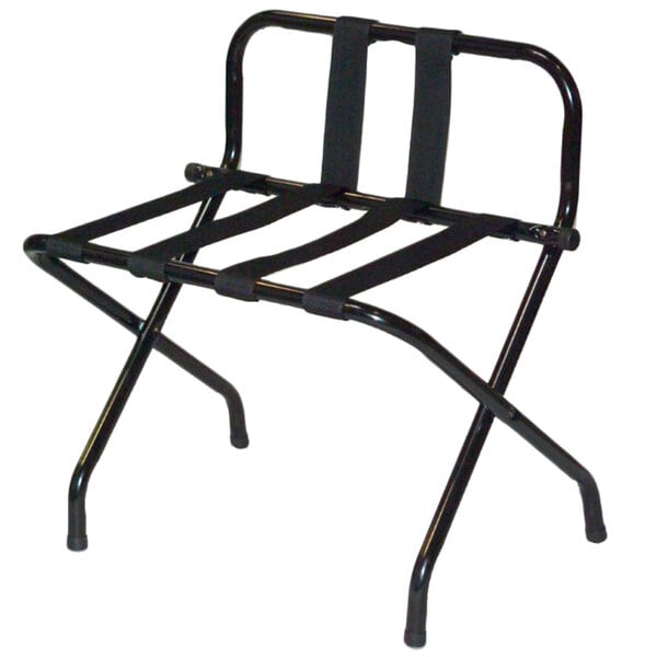 A black metal high back luggage rack with back webbing straps.